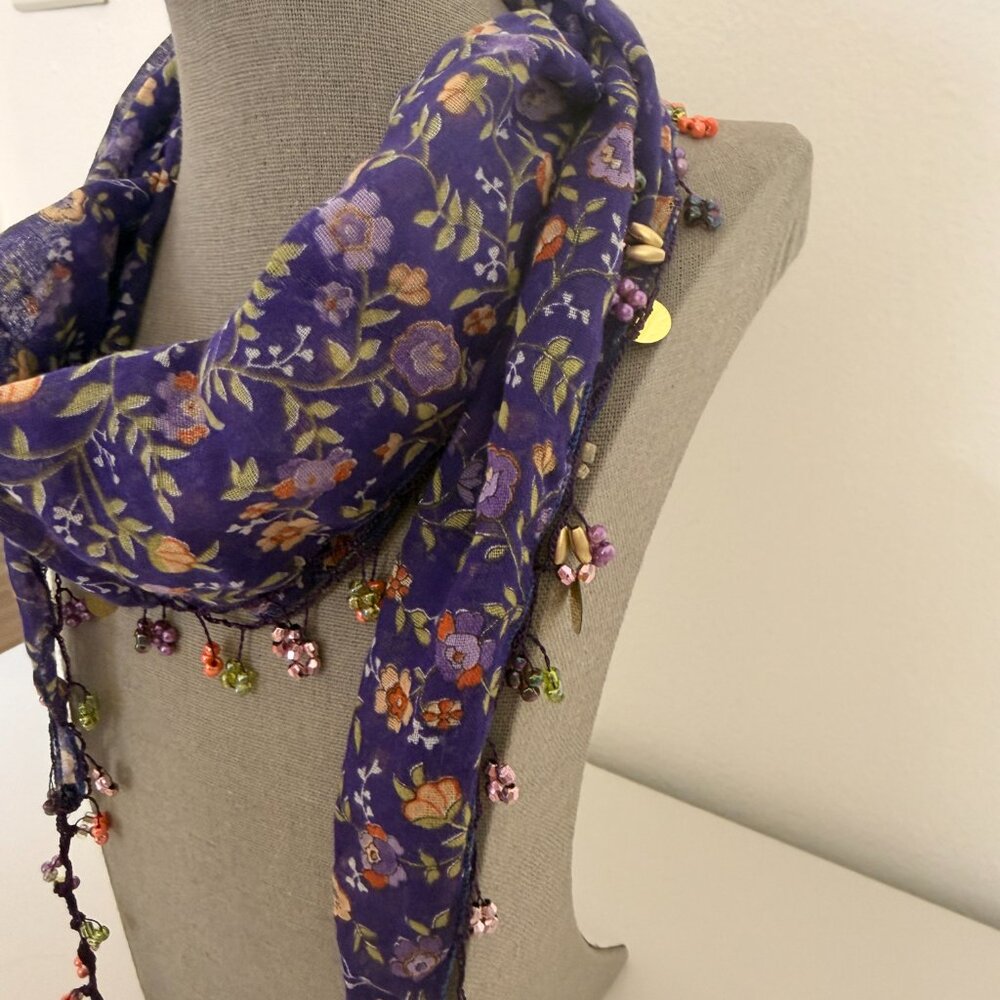 Traditional Turkish Oya Neck Violet  Scarf Bead & Needle Lace on Lawn Cotton - Picture 15 of 16